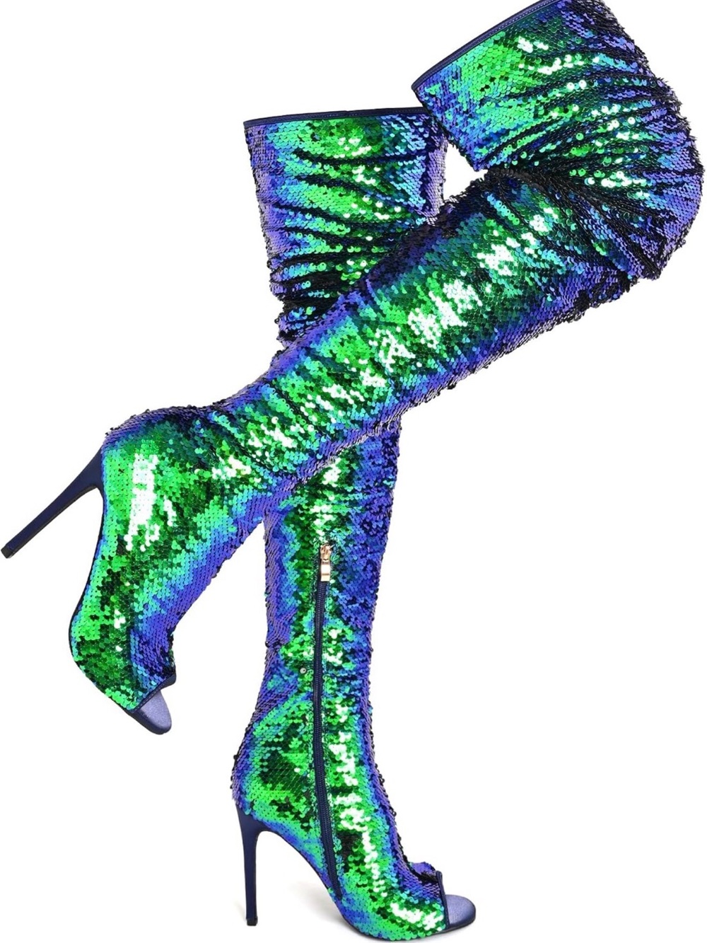 Green & Blue Sequin Over-the-Knee Peep-Toe Boots